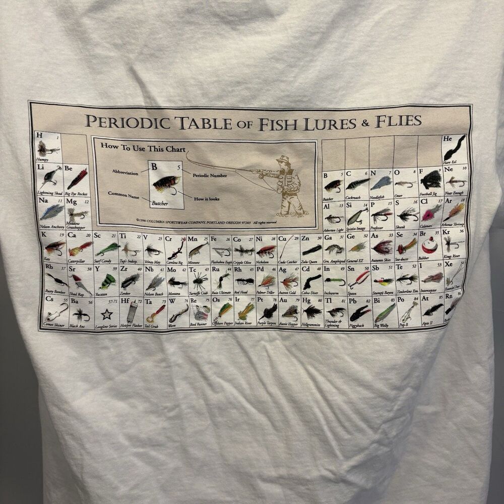 Columbia "Periodic Table of Fish Lures and Flies" Men's T-Shirt Size Medium - Picture 4 of 7